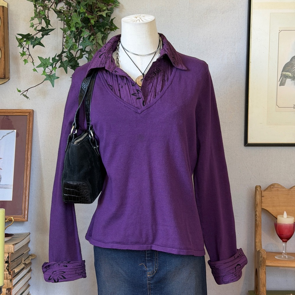 Purple Sweater Layered Collar Whimsygoth L Floral Embroidered Cuffs retro